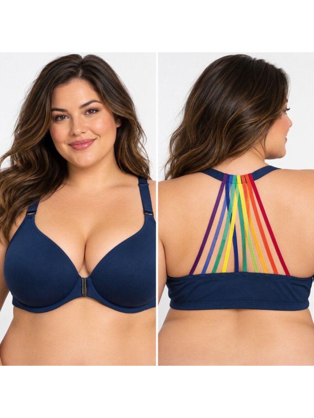 NWT Cacique Boost Plunge 38F Navy Blue And Rainbow Front Closure LQBTQ+